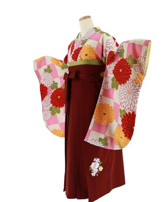 卒業式袴レンタルNo.673[Lサイズ][ももぷり]白×ピンク市松・赤オレンジ菊